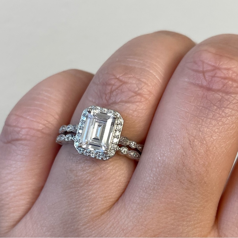 Emerald Cut Engagement Ring Set, Bridal Set, Sterling Silver with Sparkling CZ